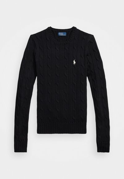 Black cable-knit sweater with long sleeves, featuring a ribbed neckline and cuffs. Small logo accent in white on the left chest.
