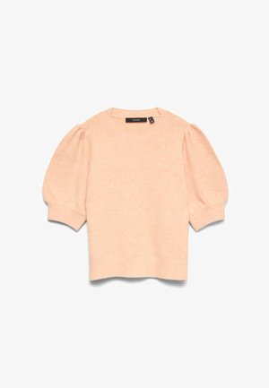 Μαλακό πλεκτό πουλόβερ σε χρώμα ροδάκινο με φουσκωτά κοντά μανίκια και ριμπ μανσέτες και τελείωμα, στρογγυλή λαιμόκοψη, τοποθετημένο επίπεδο σε λευκό φόντο.