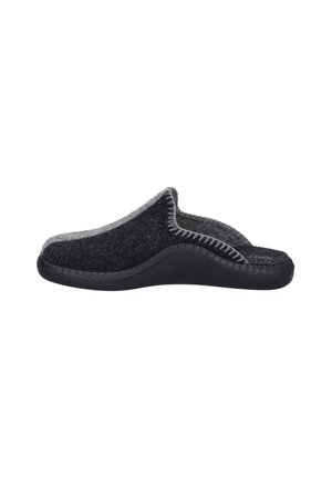 Black and gray felt slipper with a rounded shape, featuring a stitched seam and a textured sole for grip and comfort.
