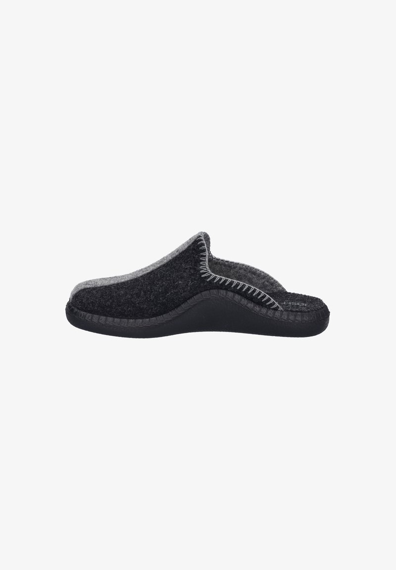 Black and gray felt slipper with a rounded shape, featuring a stitched seam and a textured sole for grip and comfort.