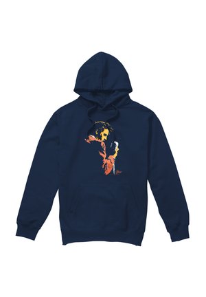 Marineblaue Kapuzenjacke mit Fronttasche und Grafik eines Mannes in roter Jacke, der ein Vintage-Mikrofon hält.