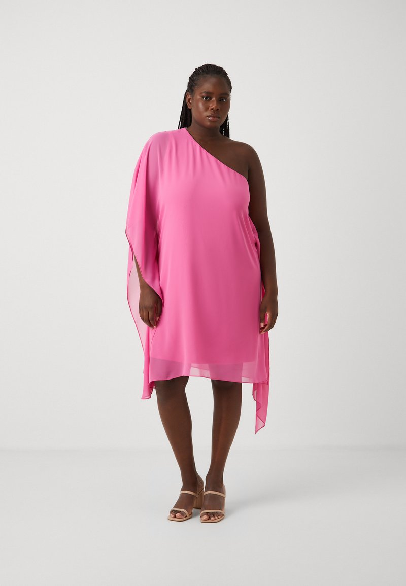 One-shoulder pink chiffon dress with asymmetrical hem, smooth texture, and loose fit. Pair with nude strappy heels.