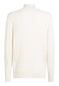 Weißer kabelgestrickter Langarmpullover mit geripptem Rollkragen, Bündchen und Saum, von hinten gezeigt.