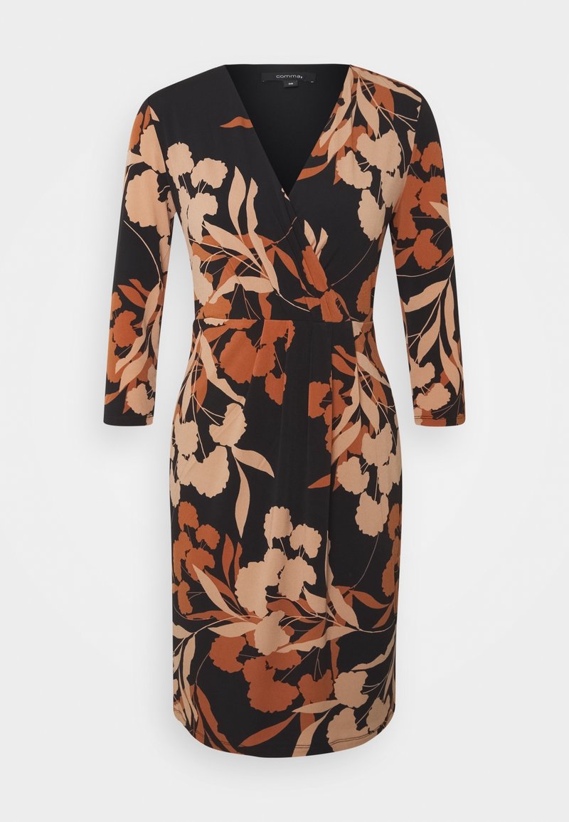 Robe noire mi-longue avec imprimé floral beige et couleur rouille, col en V, manches trois-quarts et taille cintrée.