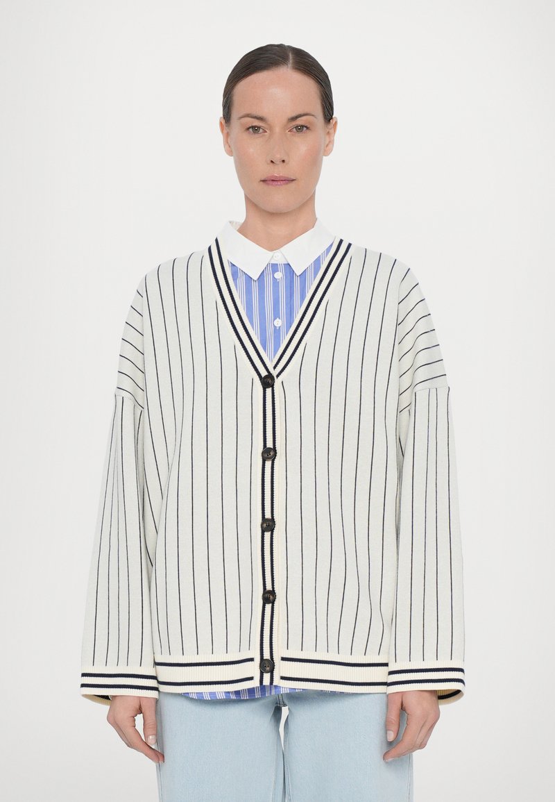 Gilet rayé verticalement blanc avec des accents navy, présentant un col en V, des manches surdimensionnées et des boutons foncés ; superposé à une chemise rayée bleue.