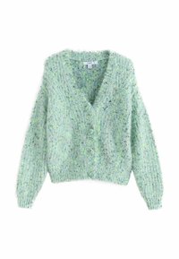 Minzgrüner Cardigan mit V-Ausschnitt, samtiger Textur, lockerer Passform und übergroßen Ärmeln. Mit Knopfverschluss und gesprenkeltem Muster.