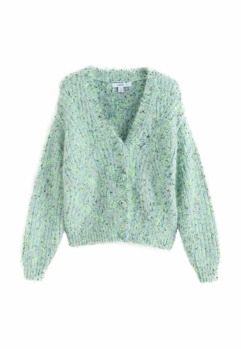 Minzgrüner Cardigan mit V-Ausschnitt, samtiger Textur, lockerer Passform und übergroßen Ärmeln. Mit Knopfverschluss und gesprenkeltem Muster.