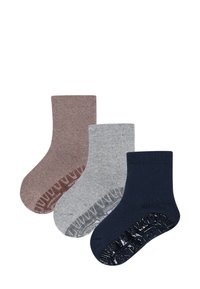 Three pairs of ankle socks: brown, gray, and navy. Made of soft material with non-slip rubber grip patterns on the soles.
