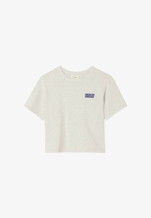 Šviesiai pilka trumpa medvilninė palaidinė. Turi trumpas rankoves ir mažą mėlyną „AMERICAN VINTAGE“ logotipą kairėje krūtinės pusėje.