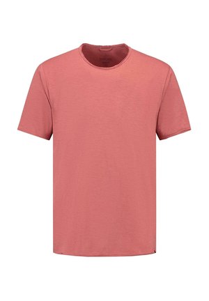 Rozā īsaisa piedurkņu T-krekls, izgatavots no mīkstas, teksturētas auduma. Tam ir apaļa kakla izgriezuma forma un brīva piegriezuma, kas ir piemērota ikdienas valkāšanai.