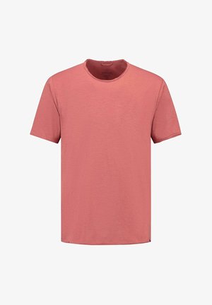 Rosa kortermet T-skjorte laget av myk, strukturert stoff. Har rund hals og en avslappet passform, passende for hverdagsbruk.
