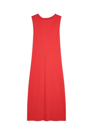 Czerwona sukienka bez rękawów z okrągłym dekoltem i wygiętym szwem z przodu. Wykonana z gładkiego, lekkiego materiału o zwiewnej sylwetce.