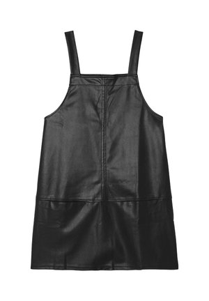 Robe en cuir noire avec des bretelles réglables, longueur genou, présentant une texture lisse et des coutures visibles. Design structuré et minimal.
