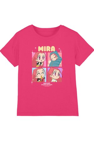 Pink T-shirt with four colorful cartoon panels of a girl named Mira showing different expressions, from K-pop Demon Hunters series.