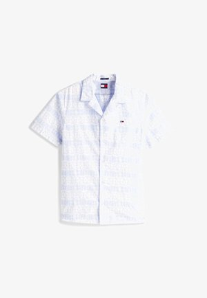 Short-sleeve shirt in light blue with a repeating floral pattern. Made of soft fabric, features a pointed collar and button closure. Logo on chest.