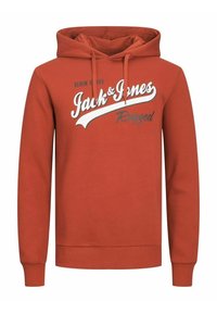 Felpa arancione con cappuccio e cordini, tasca a marsupio frontale e logo stampato in bianco e grigio. Tessuto misto cotone, polsini e orlo a costine.