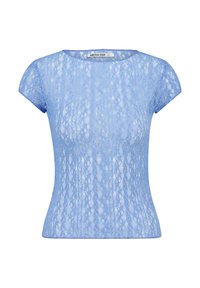 Light blue short-sleeve lace top with a round neckline and semi-transparent floral pattern, labeled "America Today."