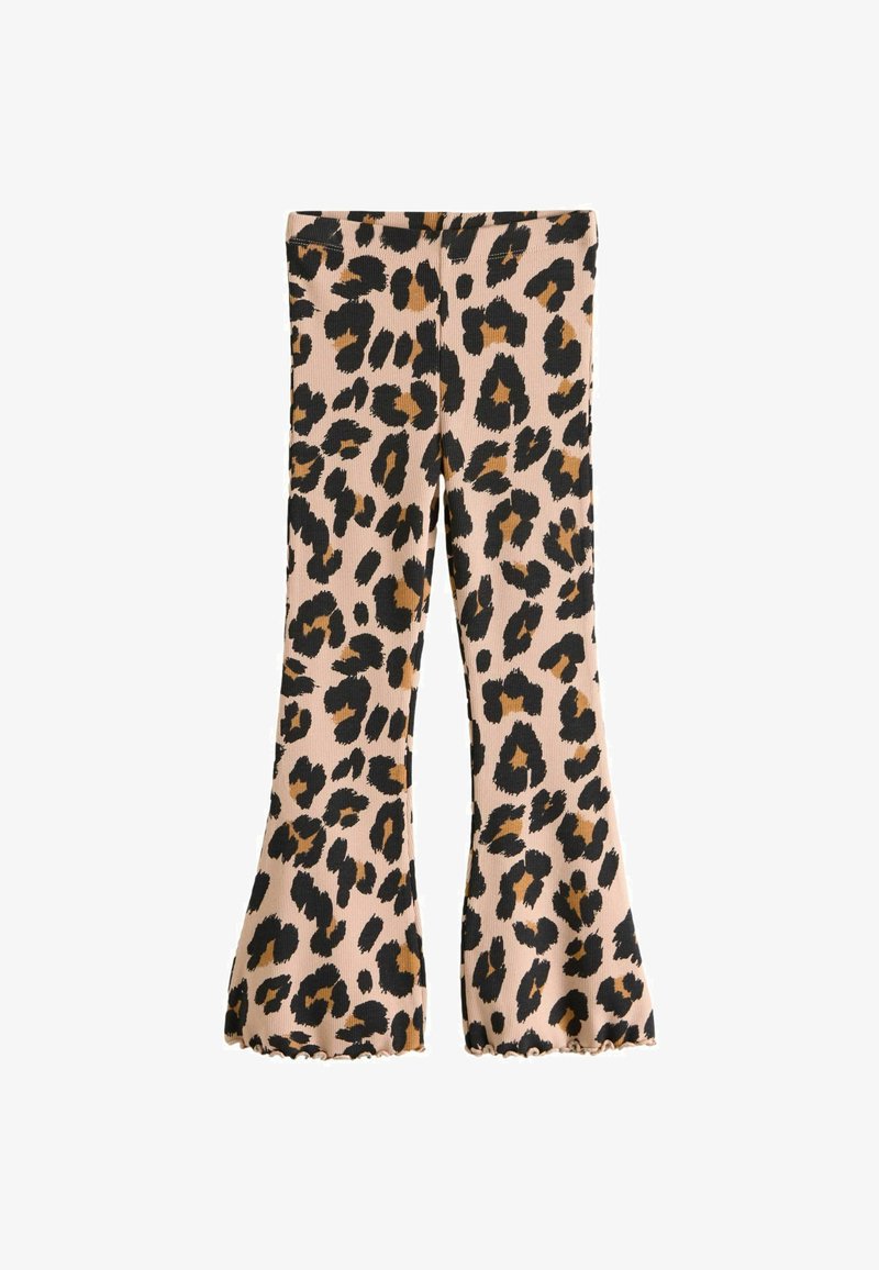 Pantaloni a zampa d'elefante con stampa leopardata in morbido tessuto, caratterizzati da una base rosa pallido con macchie marroni e nere, e orli a scallop per un tocco di stile.