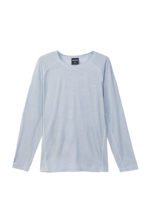 Light blue long-sleeve shirt made of a soft, textured fabric. Features a crew neckline and subtle logo on the chest.