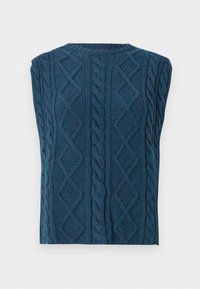 Ärmelloser Pullover aus Kabelstrick in tiefblau. Verfügt über strukturierte Muster aus Diamanten und verdrehten Kabeln sowie einen runden Ausschnitt.