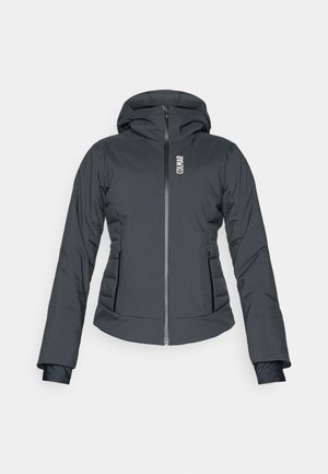 Dark gray insulated jacket with a hood, front zipper, side pockets, and textured fabric. Features a vertical logo on the chest.