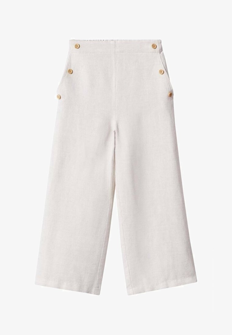 Pantalon en lin à taille haute et jambes larges, couleur écru, avec six boutons en bois sur les côtés près de la ceinture et des poches.