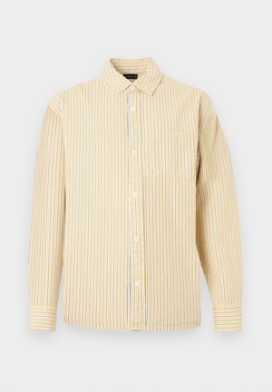 Yellow and light blue striped button-up shirt with a collar, long sleeves, and a single chest pocket. Cotton material, soft texture.
