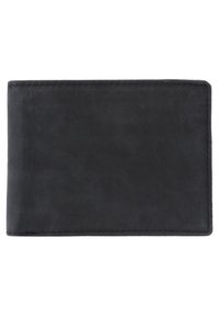 Portefeuille en cuir noir avec une texture lisse, de forme rectangulaire et aux bords cousus. Aucun logo ni embellissement visible.