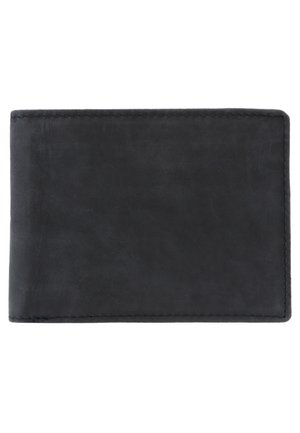 Portafoglio in pelle nera con una texture liscia, forma rettangolare e bordi cuciti. Nessun logo o decorazione visibile.