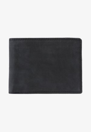 Cartera de cuero negro con una textura suave, forma rectangular y bordes cosidos. Sin logotipos ni adornos visibles.