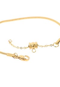 Collana in metallo dorato con catena, dotata di un elegante chiusura cilindrica liscia e un gancio a moschettone, caratterizzata da un aspetto elegante e texturizzato.