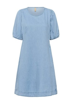 Helehall sinisest teksariidest kleit lühikeste põlvede ja ümar kaelusega, põlveni ulatuva sirge äärega.