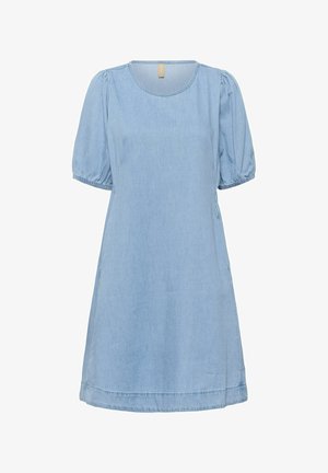 Helehall sinisest teksariidest kleit lühikeste põlvede ja ümar kaelusega, põlveni ulatuva sirge äärega.