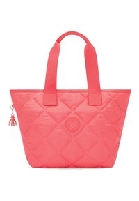 Borsa a spalla trapuntata in vivace corallo con manici in tessuto. Presenta un logo rotondo e un accessorio charm. Texture liscia con una forma strutturata.