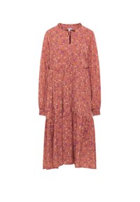 Rochie de culoare ruginită cu model floral, mâneci lungi, talie strânsă și decolteu volanat. Realizată dintr-un material ușor, cu un design până la genunchi.
