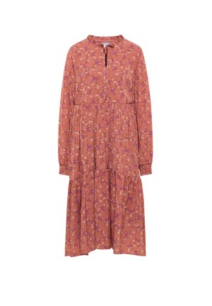 Rustrød kjole med blomsterprint, lange ærmer, samlede talje og flæset udskæring. Lavet af letvægtsstof, knælangt design.