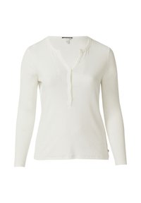 Biały top z długim rękawem wykonany z prążkowanej tkaniny, z dekoltem henley zapinanym na guziki oraz prostym dołem, odpowiedni na co dzień.