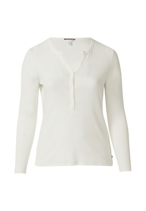 Weißes Langarm-Oberteil aus geripptem Stoff, mit Henley-Ausschnitt und Knopfverschluss sowie gerade gesäumtem Saum, geeignet für die Freizeit.