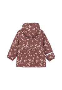 Brun blomstret jakke med hætte, elastiske manchetter, gathered talje og reflekterende detaljer, lavet af et glat, vandtæt materiale.