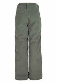 Pantaloni in corduroy verde con gamba ampia, caratterizzati da una texture a righe verticali e una vita leggermente rialzata con due tasche posteriori.
