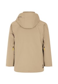 Beige wasserdichte Jacke mit Kapuze, seitlichen Reißverschlusstaschen, verstellbaren Bündchen und einem Logo auf dem oberen Rücken. Glatte Textur.