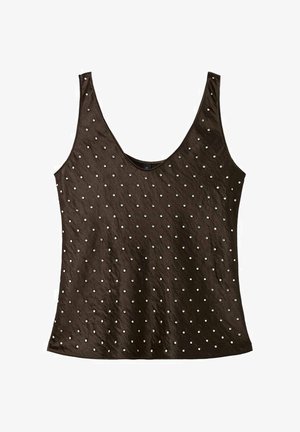 Top sin mangas marrón con escote redondeado, de textura suave y adornado con lunares blancos en toda la tela.