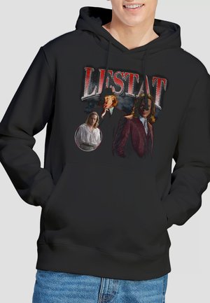 Black hoodie with "LESTAT" text and three styled portraits of a man with long hair in different outfits on the front.