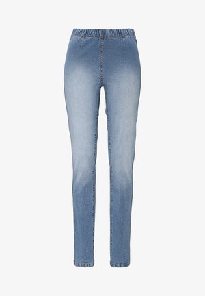 Hellblaue Jeanshose mit elastischem Bund, tapered Beinform und leichtem Verblassen in der Kniegegend. Keine sichtbaren Beschläge oder Taschen.