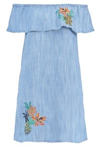 Off-shoulder farkkutunika vaaleansinisenä, jossa on värikkäitä kukka- ja ananaskuvioita helmassa. Pehmeä kangas, jossa rento istuvuus.