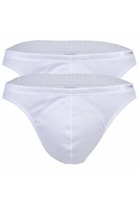 Due slip bianchi da uomo in cotone con fascia elastica in vita, mostrati distesi e sovrapposti, con una piccola etichetta del marchio sul lato.