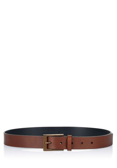 Brauner Leder-Gürtel mit strukturierter Oberfläche, ausgestattet mit einer Metallschnalle in antikem Bronze-Finish und mehreren Einstelllöchern.