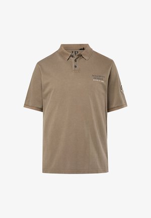 Beżowa koszulka polo z kołnierzykiem na trzy guziki, krótkimi rękawami i nadrukiem na piersi z napisem „SONORAN DESERT MEXICO JP 1980”. Miękka tekstura.