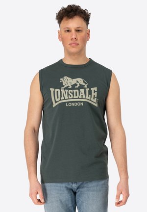 Sleeveless dark green T-shirt made of cotton with a light-colored lion graphic and "Lonsdale London" text across the chest.