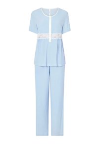 Conjunto de pijama de color azul claro que presenta mangas cortas, una cinturilla con acento de encaje y pantalones holgados. Tela suave con un corte relajado.